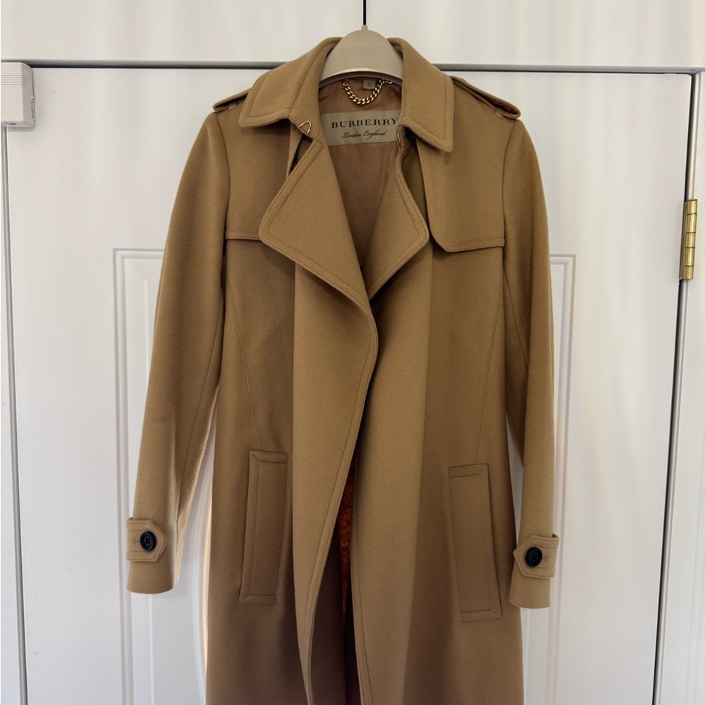 Burberry Camel Coat with Gold Chain Accent Wool